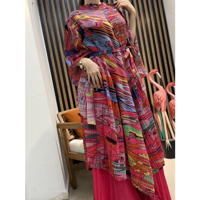 İthal Lora Desenli Şifon İkili Takım (Etek Pantolonlu)