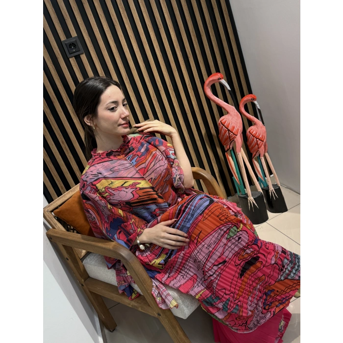 İthal Lora Desenli Şifon İkili Takım (Etek Pantolonlu)