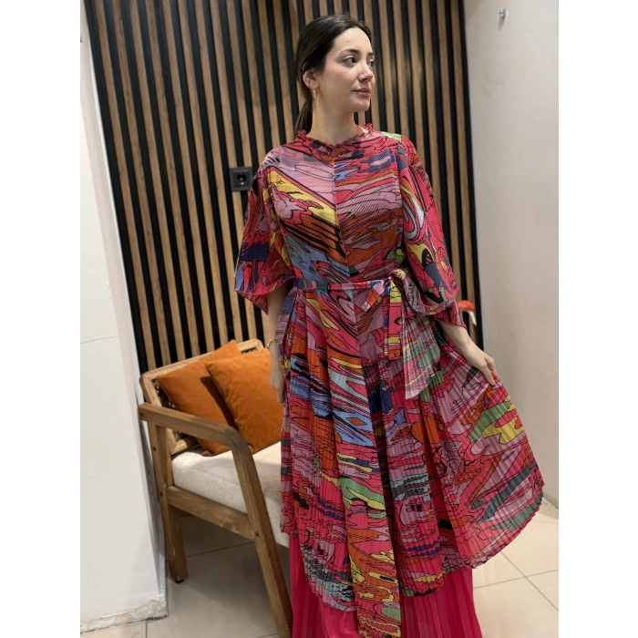 İthal Lora Desenli Şifon İkili Takım (Etek Pantolonlu)