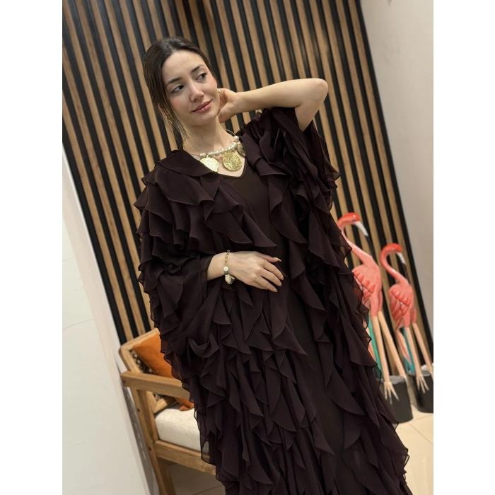Fırfır Detaylı Şifon Abaya Takım (Kahve)