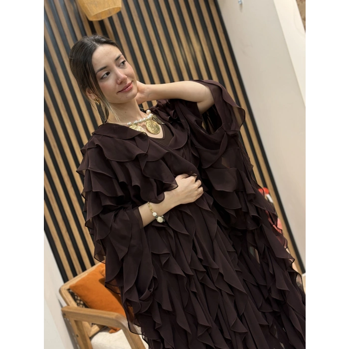 Fırfır Detaylı Şifon Abaya Takım (Kahve)