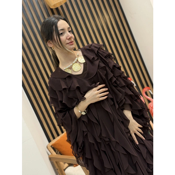 Fırfır Detaylı Şifon Abaya Takım (Kahve)