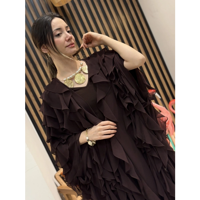 Fırfır Detaylı Şifon Abaya Takım (Kahve)