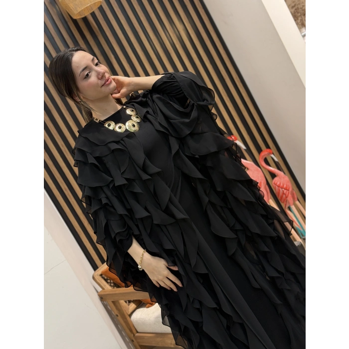 Fırfır Detaylı Şifon Abaya Takım (Kahve)