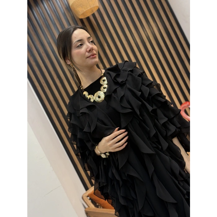 Fırfır Detaylı Şifon Abaya Takım (Kahve)