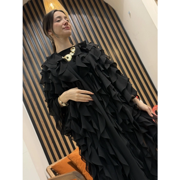 Fırfır Detaylı Şifon Abaya Takım (Kahve)