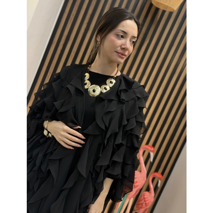 Fırfır Detaylı Şifon Abaya Takım (Kahve)