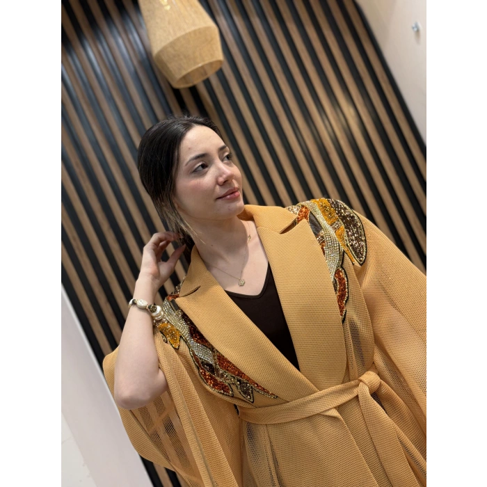 Taş İşlemeli File Abaya (Camel)