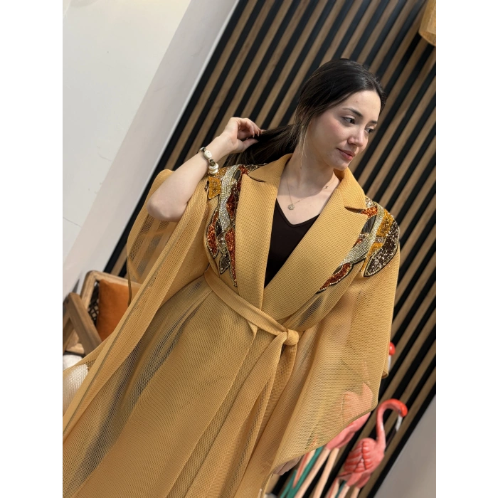 Taş İşlemeli File Abaya (Camel)