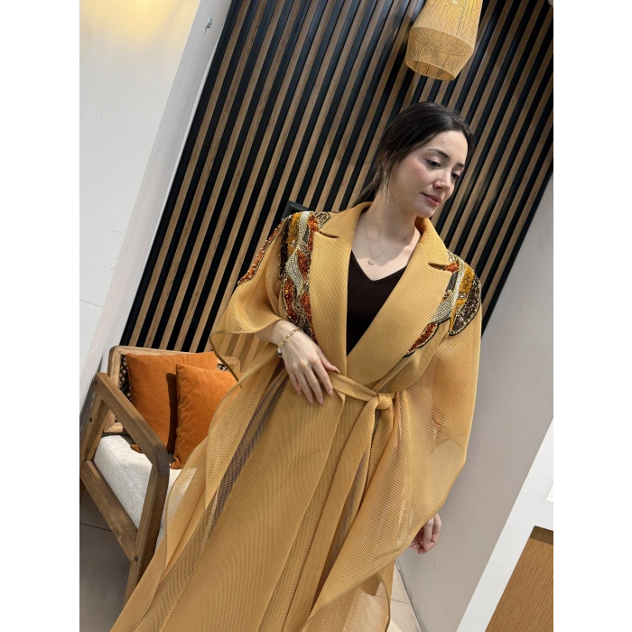 Taş İşlemeli File Abaya (Camel)