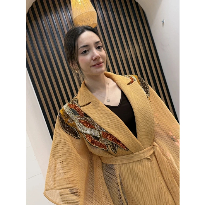 Taş İşlemeli File Abaya (Camel)