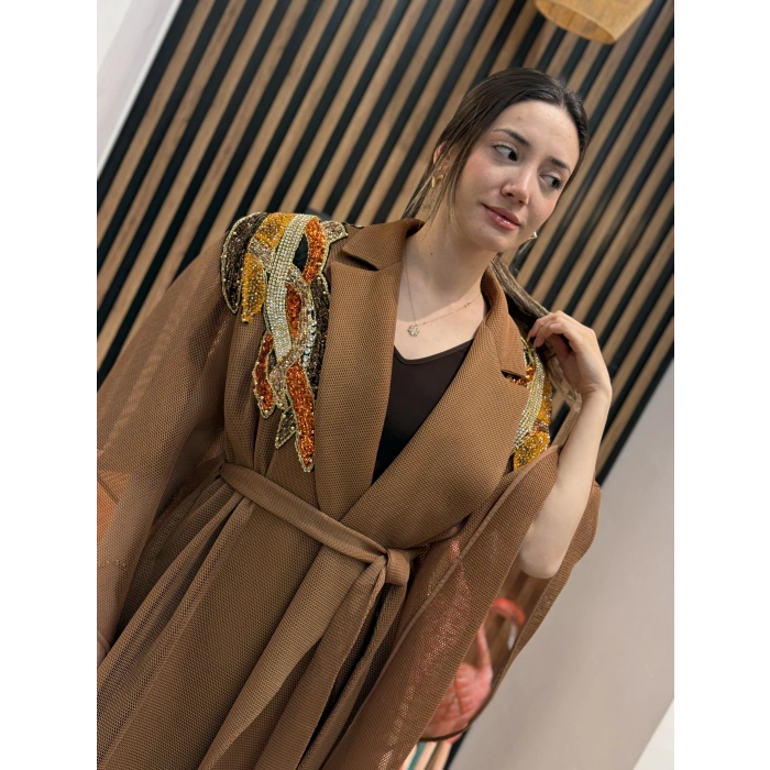Taş İşlemeli File Abaya (Camel)