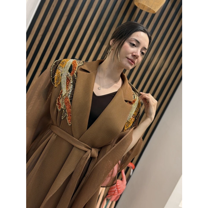 Taş İşlemeli File Abaya (Camel)