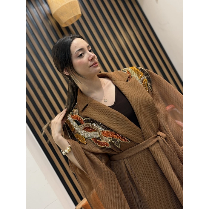 Taş İşlemeli File Abaya (Camel)