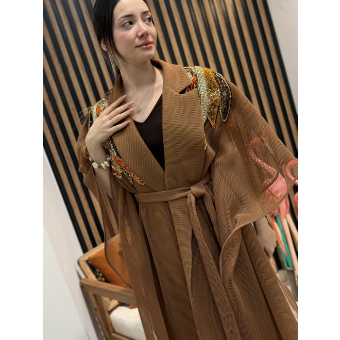 Taş İşlemeli File Abaya (Camel)
