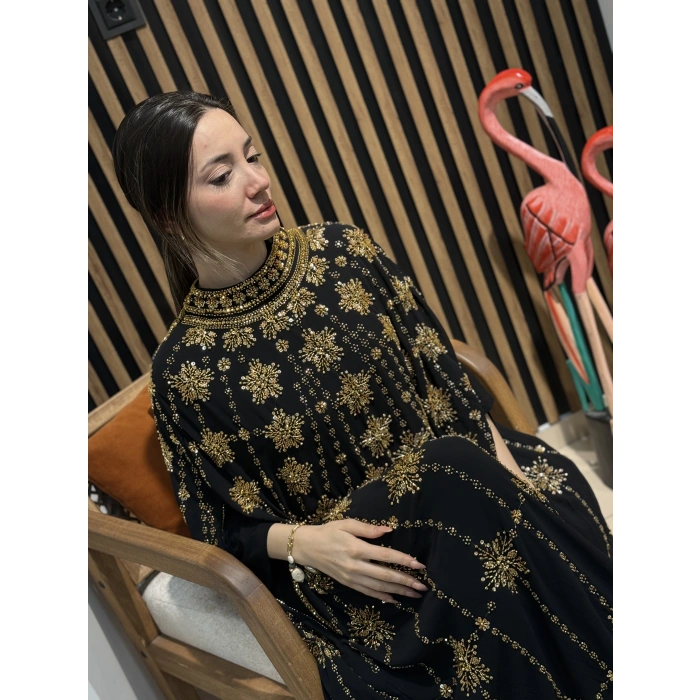 Gold İşlemeli Şifon Abaya