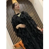 Fırfır Detaylı Şifon Abaya Takım (Kahve)