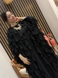 Fırfır Detaylı Şifon Abaya Takım (Kahve)
