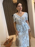 Mirella Floral Dantel Taş Düğmeli Uzun Elbise