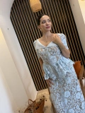Mirella Floral Dantel Taş Düğmeli Uzun Elbise