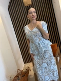 Mirella Floral Dantel Taş Düğmeli Uzun Elbise