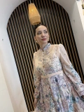 Alessa Pudra Çiçek Desenli Taş Detaylı Uzun Elbise