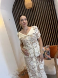 Mirella Floral Dantel Taş Düğmeli Uzun Elbise