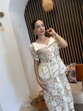 Mirella Floral Dantel Taş Düğmeli Uzun Elbise