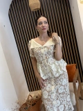 Mirella Floral Dantel Taş Düğmeli Uzun Elbise
