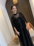 Noir Işıltılı Payet İşlemeli Pelerin Abaya