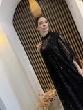 Noir Işıltılı Payet İşlemeli Pelerin Abaya