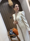 Alessia Ekru Taş İşlemeli Uzun Abiye Elbise