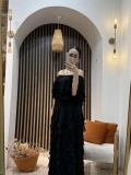 Lavin Siyah Madonna Yaka Kat Kat Volanlı Abiye Elbise