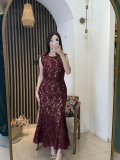 Rosella Bordo Kemerli Güpür Dantel Uzun Elbise