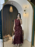 Rosella Bordo Kemerli Güpür Dantel Uzun Elbise