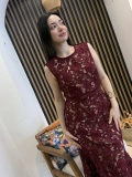 Rosella Bordo Kemerli Güpür Dantel Uzun Elbise