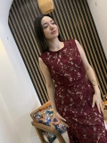 Rosella Bordo Kemerli Güpür Dantel Uzun Elbise