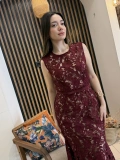 Rosella Bordo Kemerli Güpür Dantel Uzun Elbise