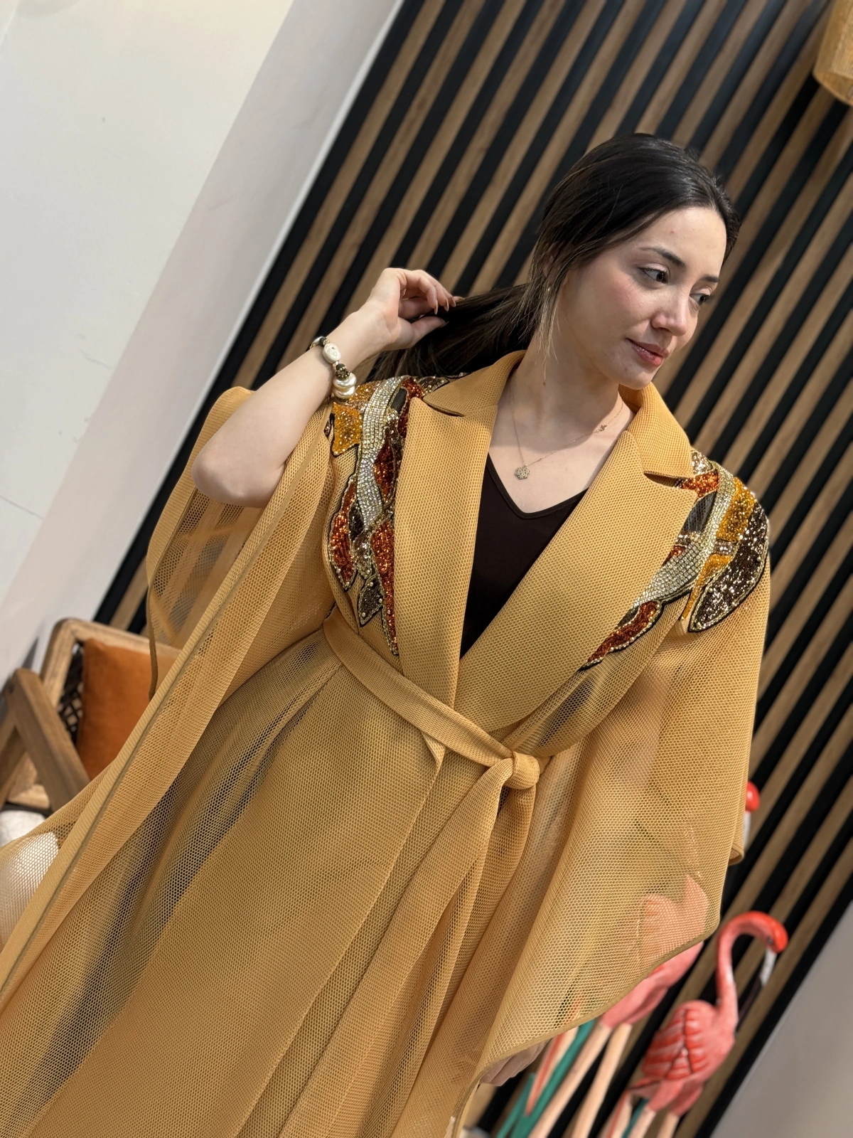 Taş İşlemeli File Abaya (Camel)