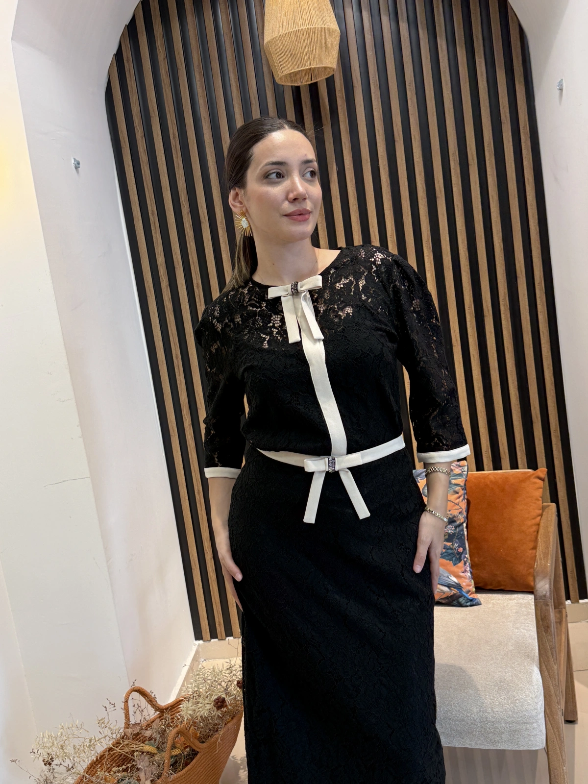 Chérie Siyah Dantel Fiyonk Detaylı Etekli Takım