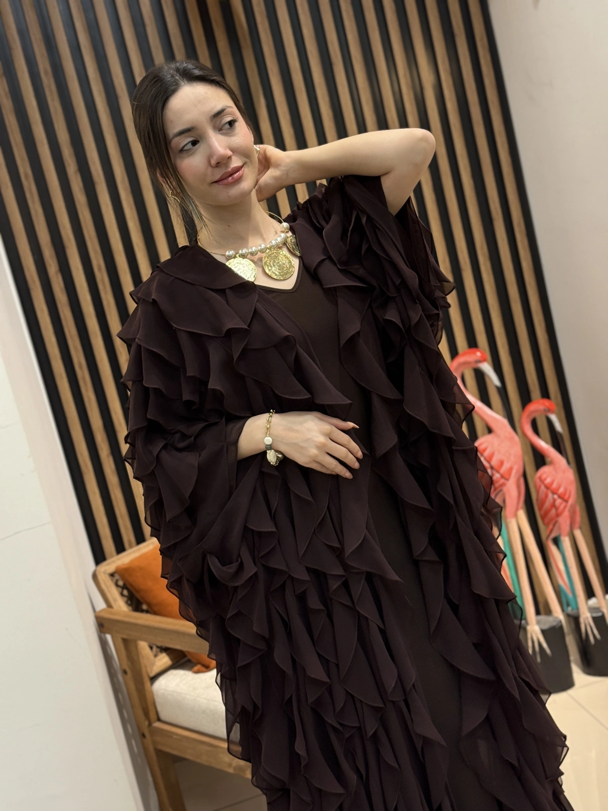 Fırfır Detaylı Şifon Abaya Takım (Kahve)