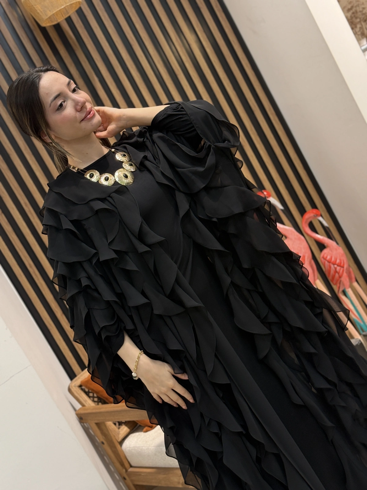 Fırfır Detaylı Şifon Abaya Takım (Kahve)