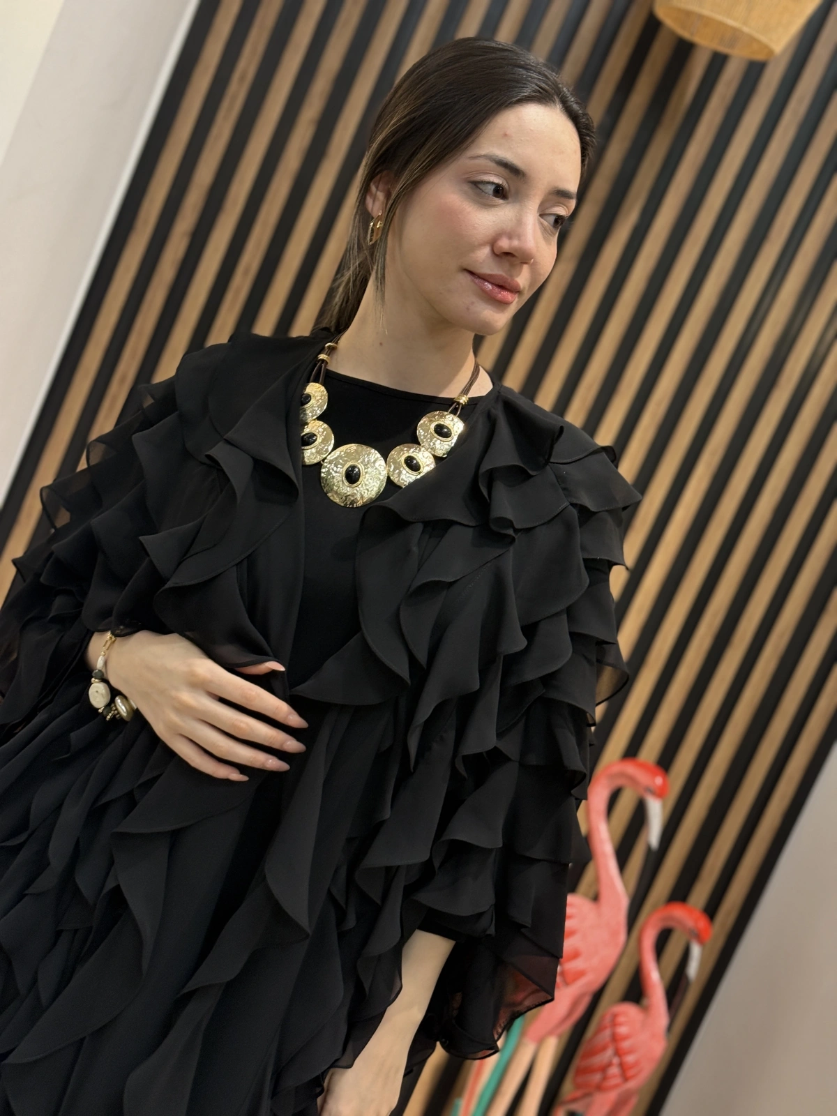 Fırfır Detaylı Şifon Abaya Takım (Kahve)