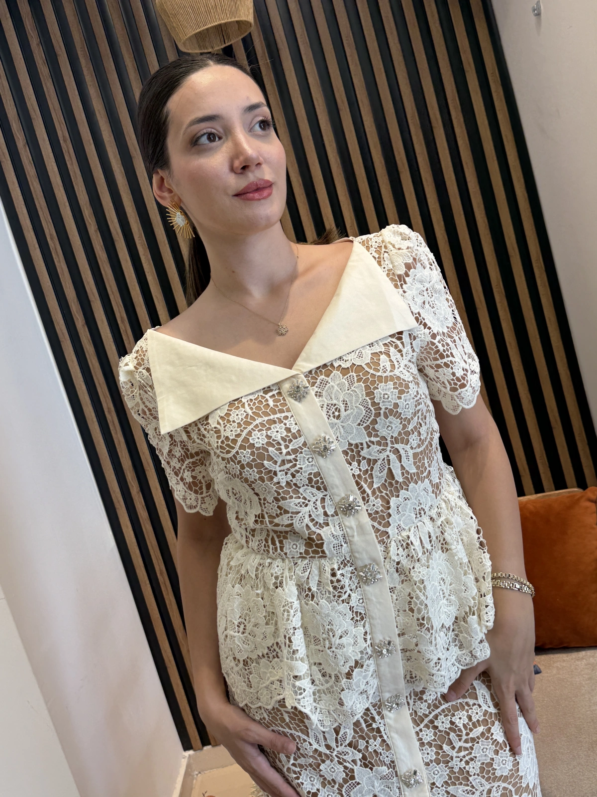 Mirella Floral Dantel Taş Düğmeli Uzun Elbise