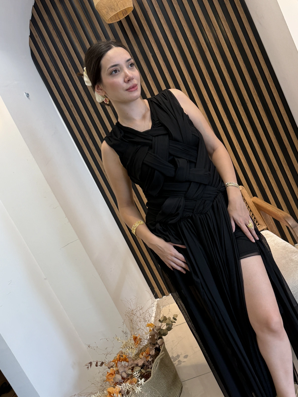 Alessa Örgü Detaylı Tül Uzun Elbise