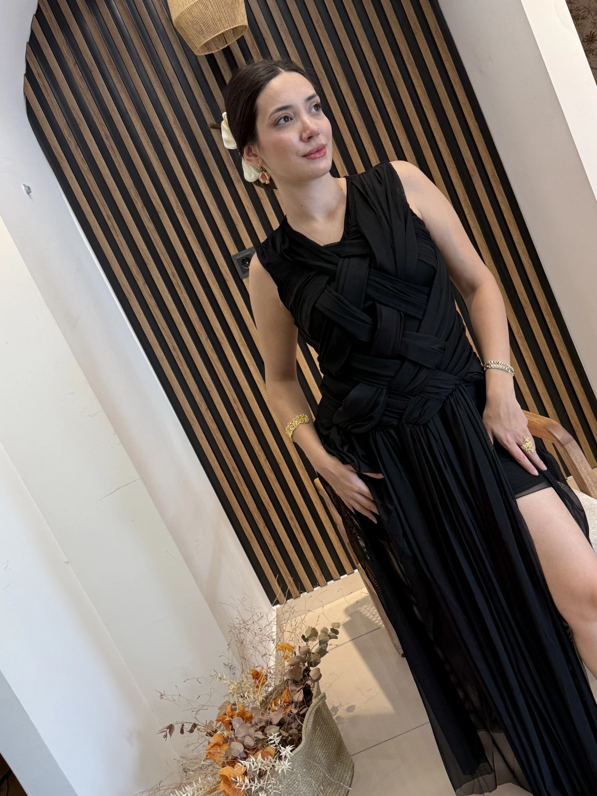 Alessa Örgü Detaylı Tül Uzun Elbise
