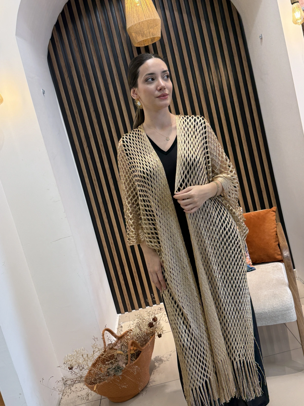 Işıltılı File Örgü Uzun Kimono