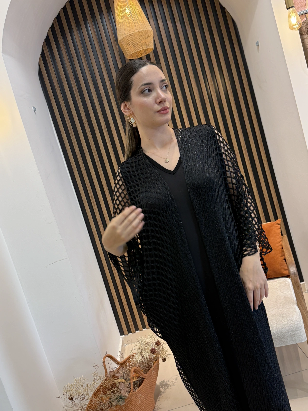 Işıltılı File Örgü Uzun Kimono