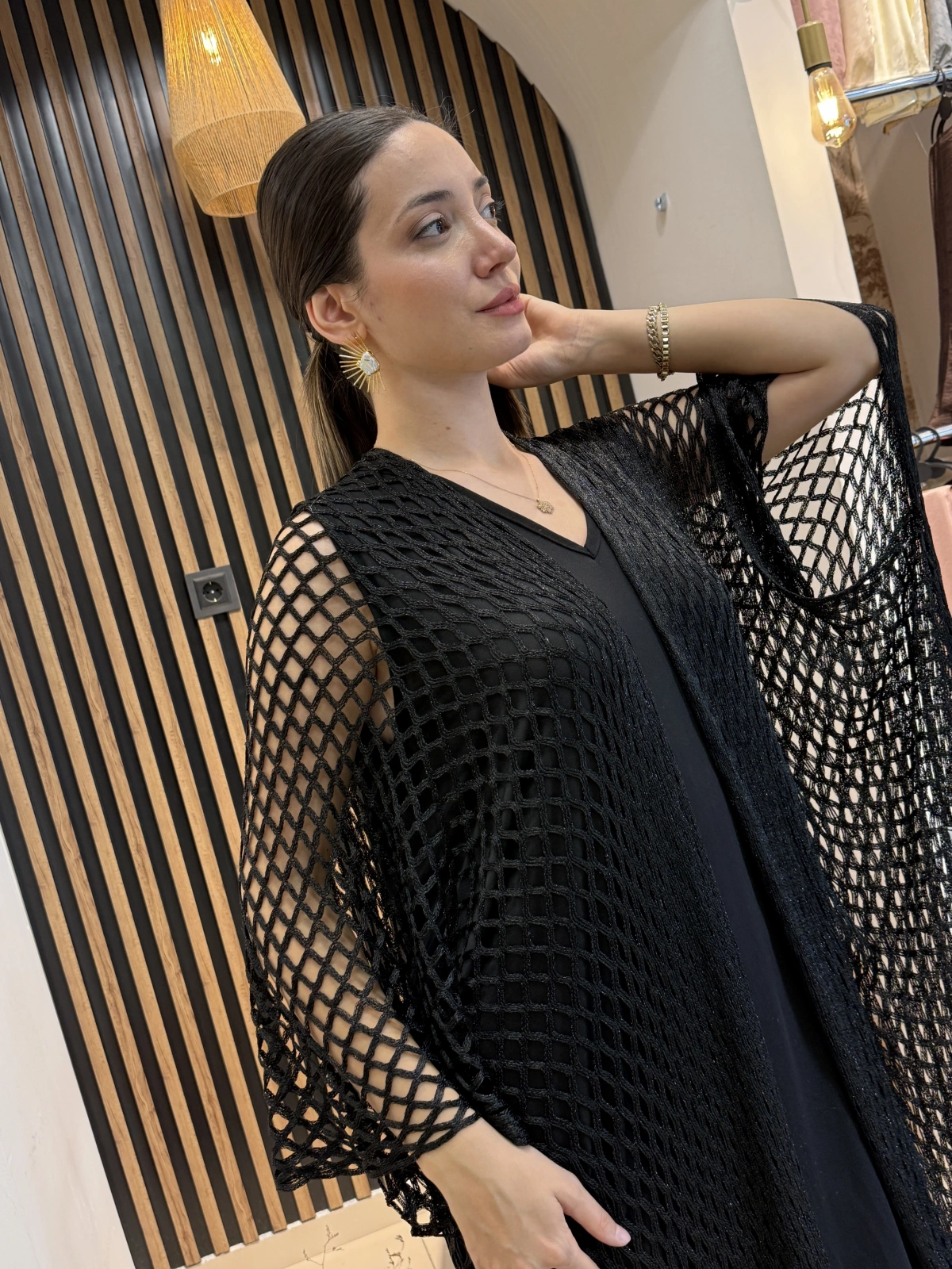 Işıltılı File Örgü Uzun Kimono