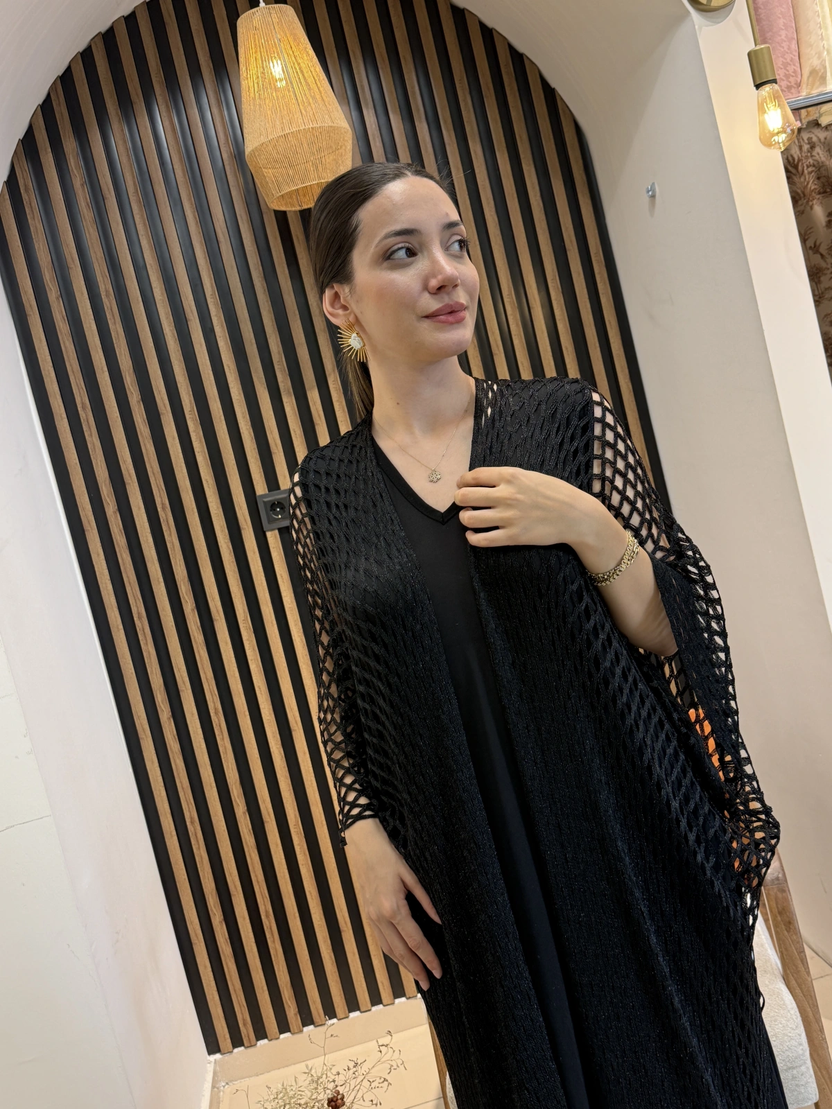 Işıltılı File Örgü Uzun Kimono